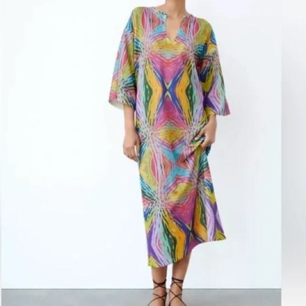 Zara Open Mesh Knit Jacquard Tunic Midi Dress in Bright Multi - NWOT - Small